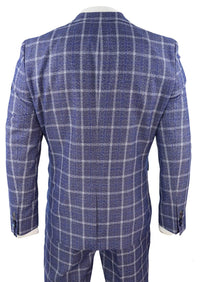 Mens 3 Piece Slim Fit Suit Herringbone Tweed Check Vintage Classic 1920s Blue