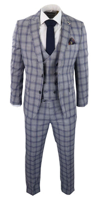 Men's Grey Blue Check 3 Piece Suit