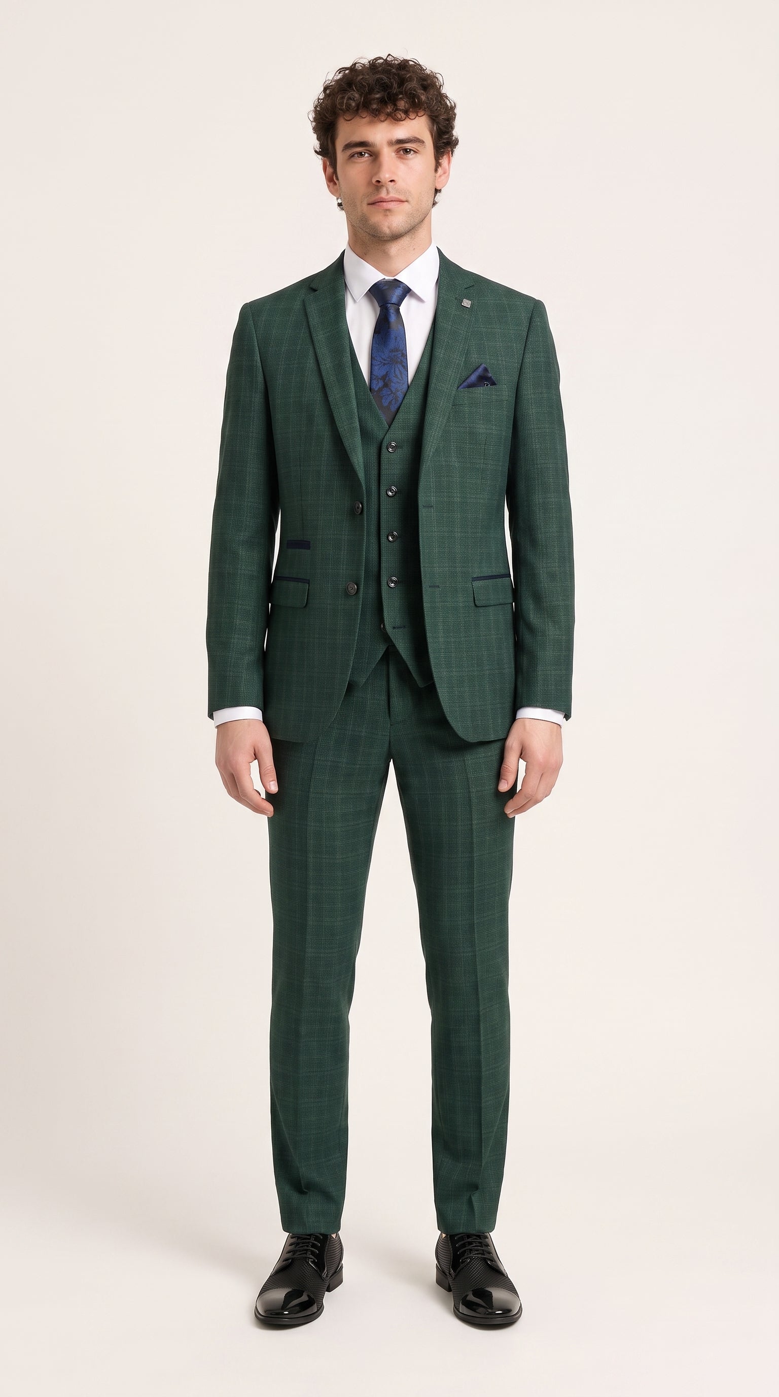 Look #342 styled with Leo - Férfi zöld, háromrészes, kockás, szabott öltöny