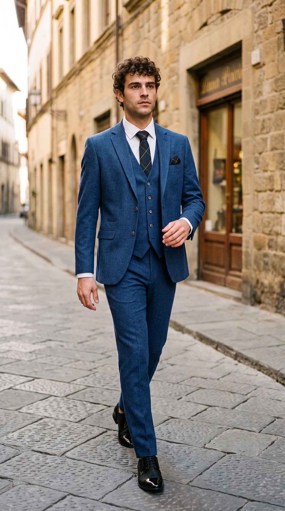 Look #263 styled with Cavani Orson - Kék vászon 3 részes öltöny