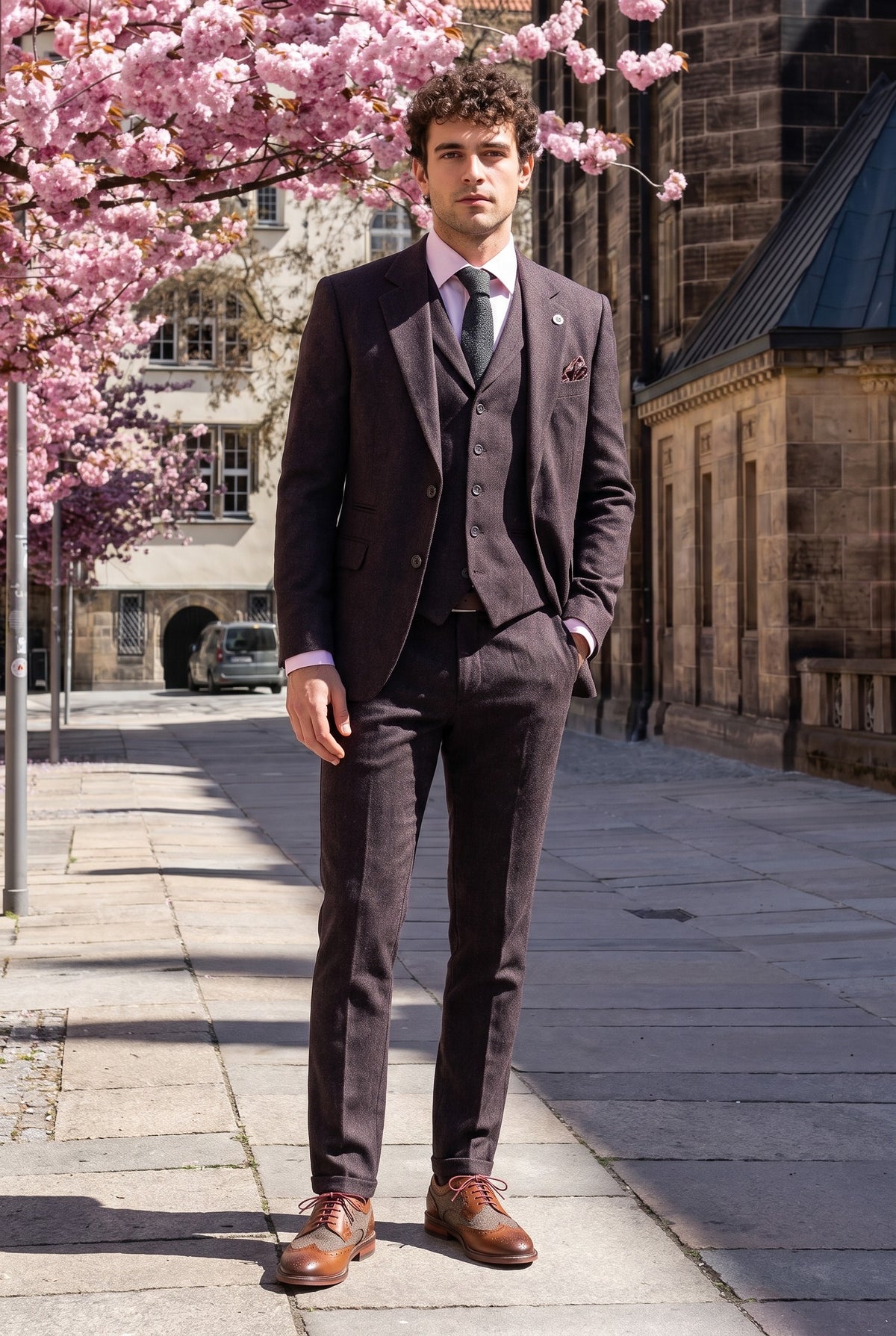 Look #992 styled with Férfi háromrészes, szilvamintás halszálkás tweed öltöny
