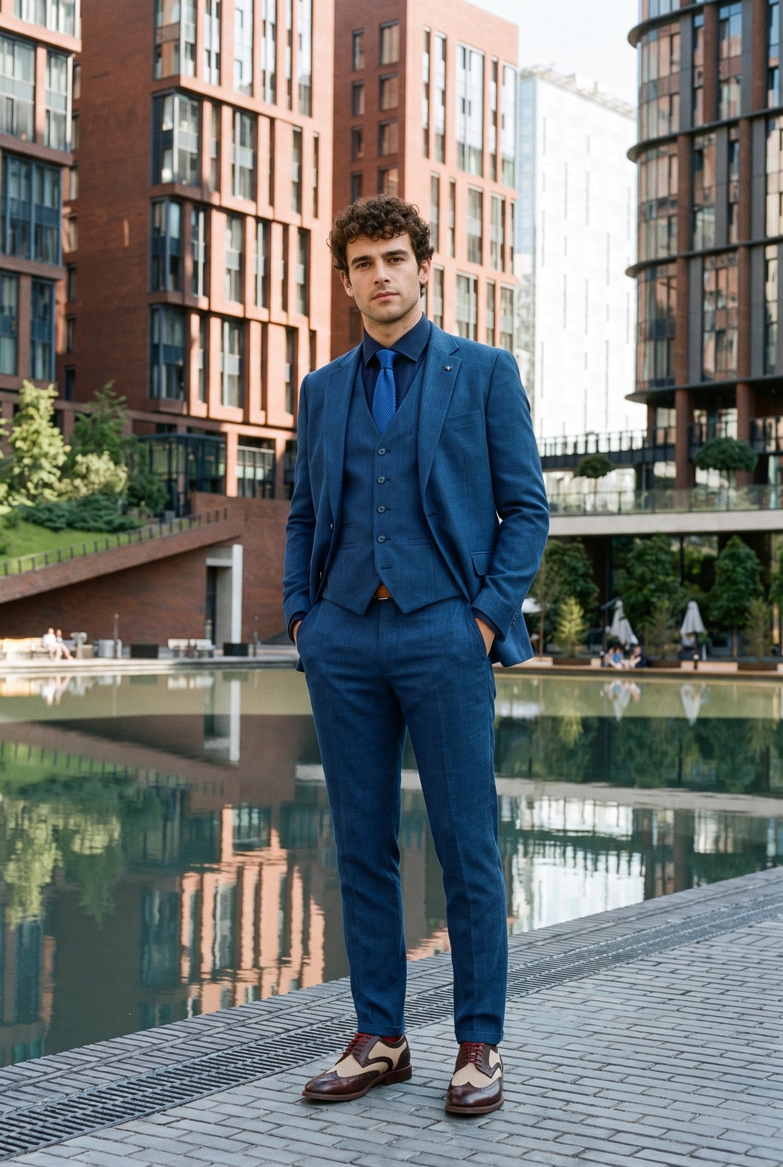 Look #998 styled with Férfi kék nyári vászonöltöny