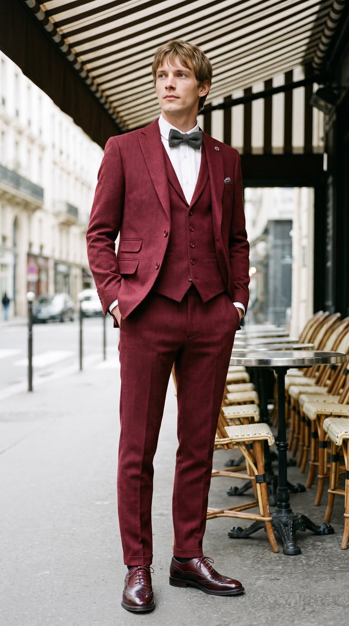 Look #144 styled with Férfi halszálkás bordó, háromrészes tweed öltöny - STZ11