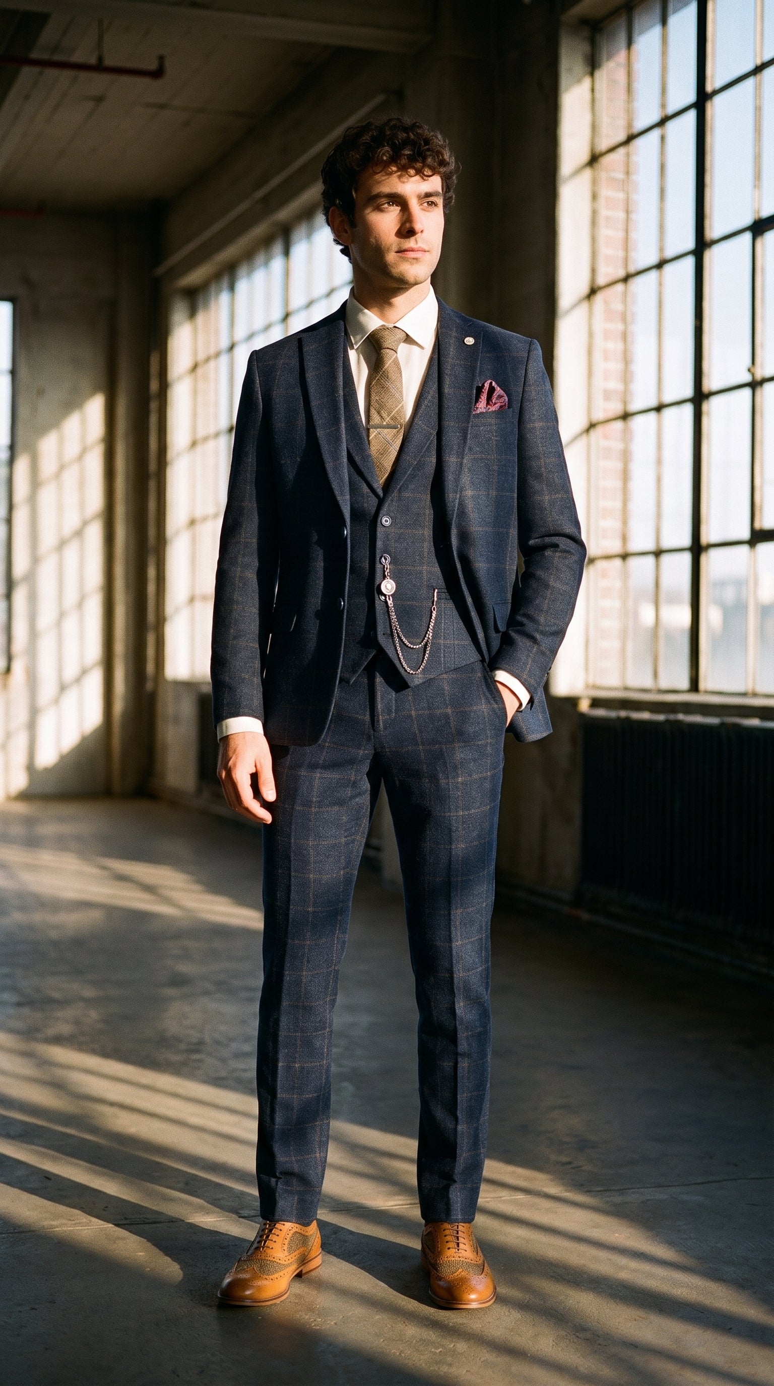 Look #725 styled with Férfi háromrészes gyapjú tweed öltöny sötétkék, barna, kockás, 1920-as évekbeli Gatsby mintával
