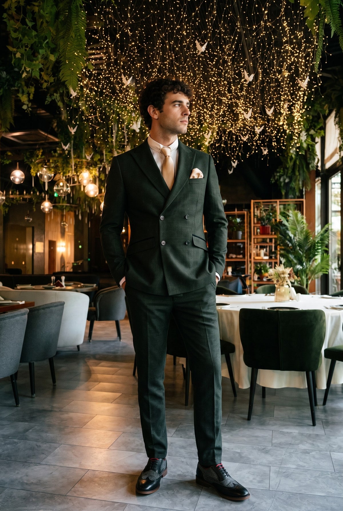 Look #784 styled with Caridi - Férfi kétrészes olívazöld dupla soros öltöny