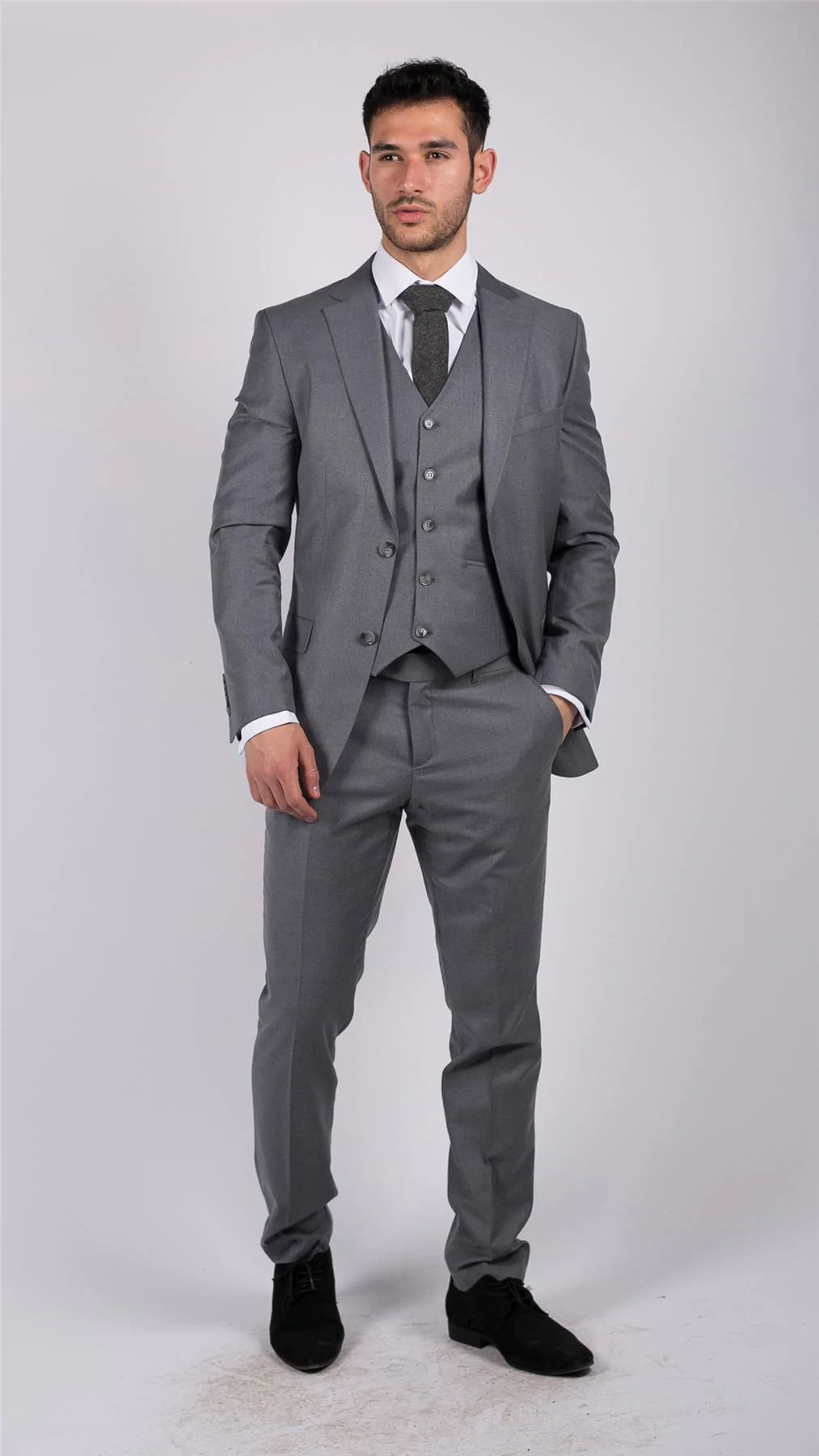 Mens Classic Grey 3 Piece Suit Slim Fit Vintage Retro Smart Formal Wedding
