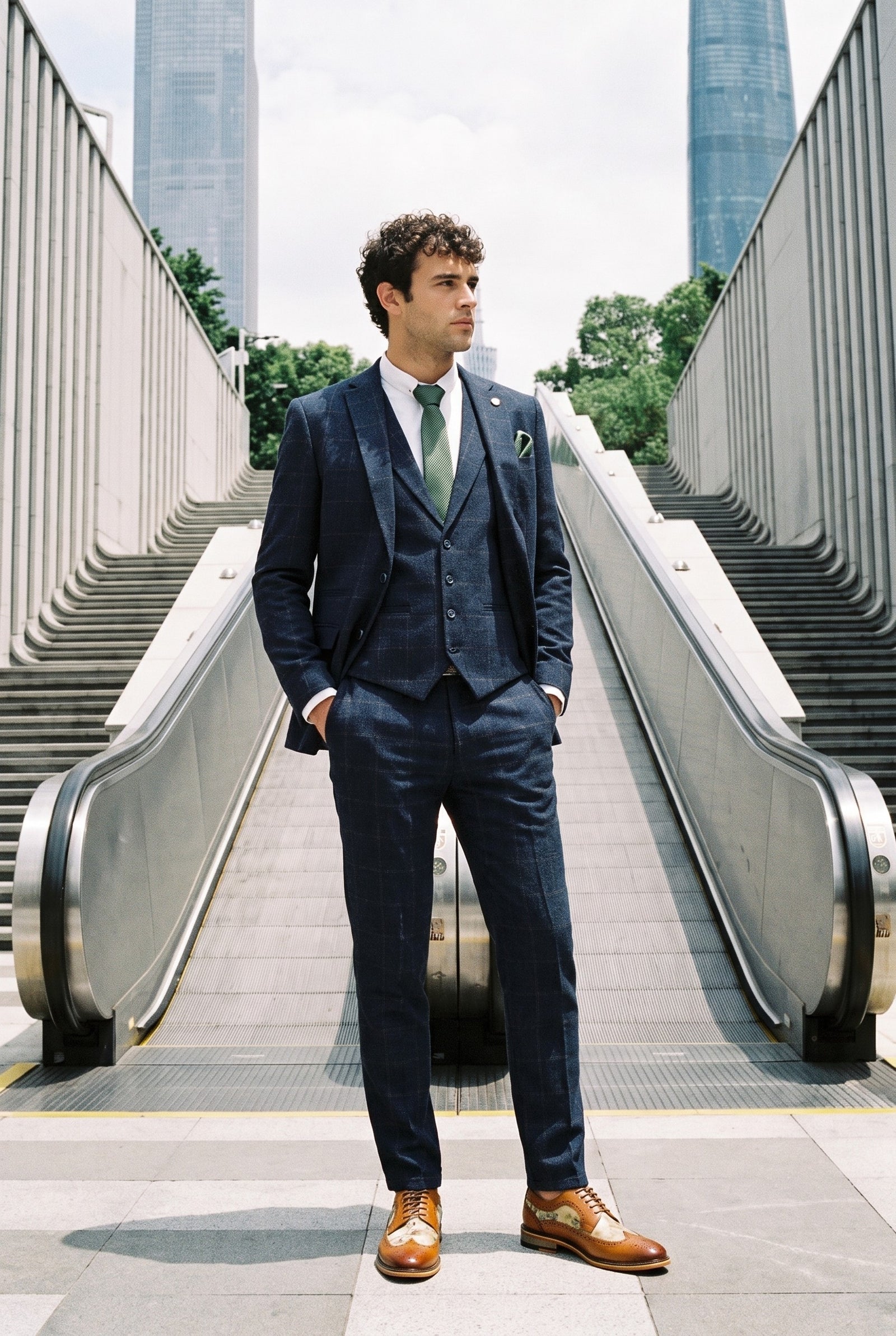 Look #727 styled with Férfi háromrészes gyapjú tweed öltöny sötétkék, barna, kockás, 1920-as évekbeli Gatsby mintával