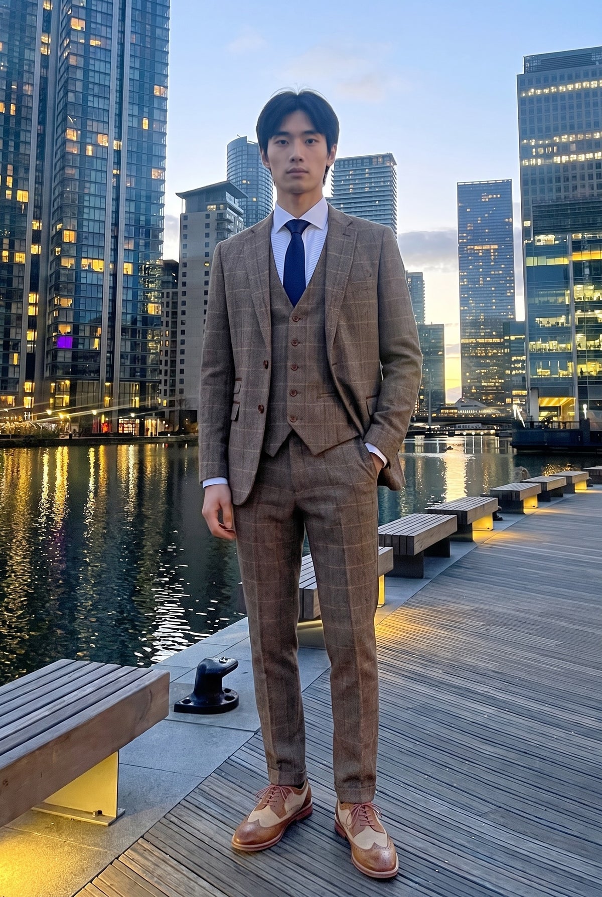 Look #536 styled with Harris - Férfi barna, háromrészes, halszálkás kockás tweed öltöny