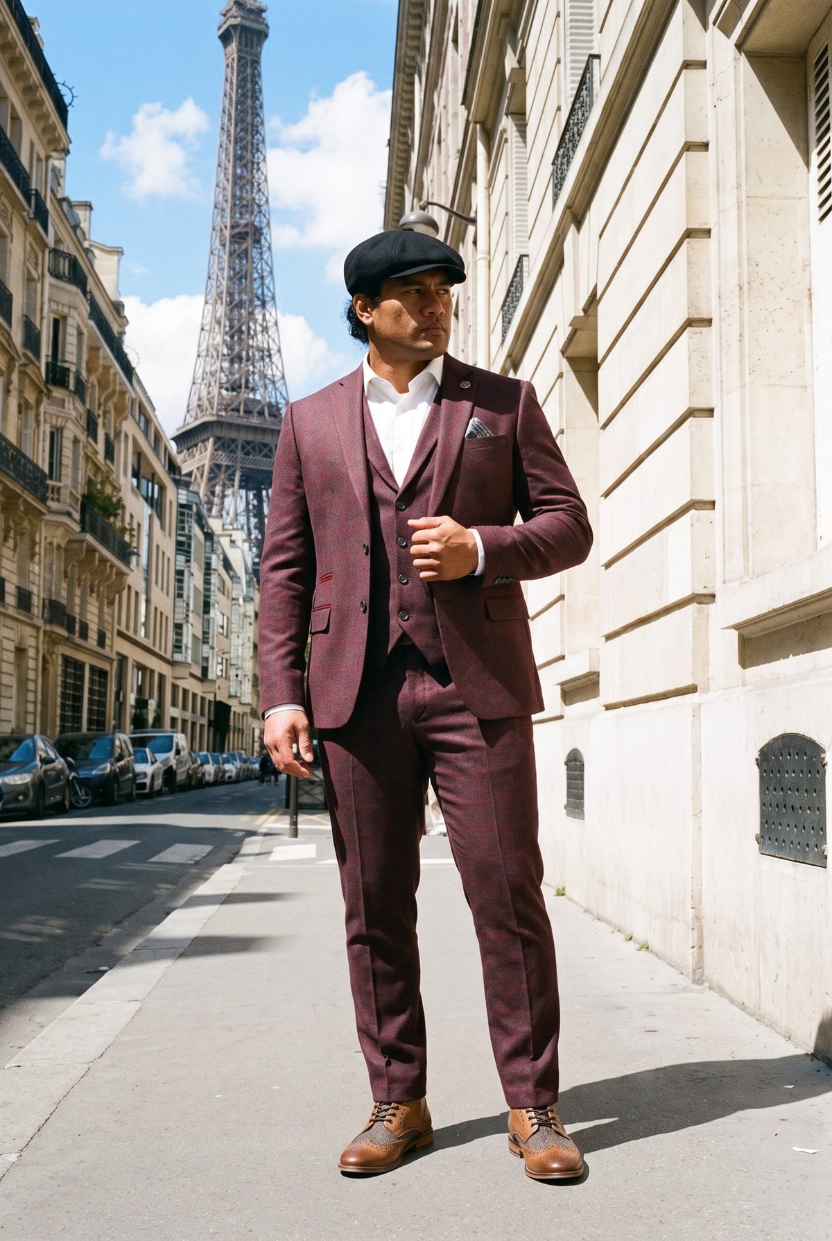 Look #990 styled with Férfi háromrészes öltöny gyapjú tweed öltöny szilvakék kockás 1920-as évekbeli Gatsby