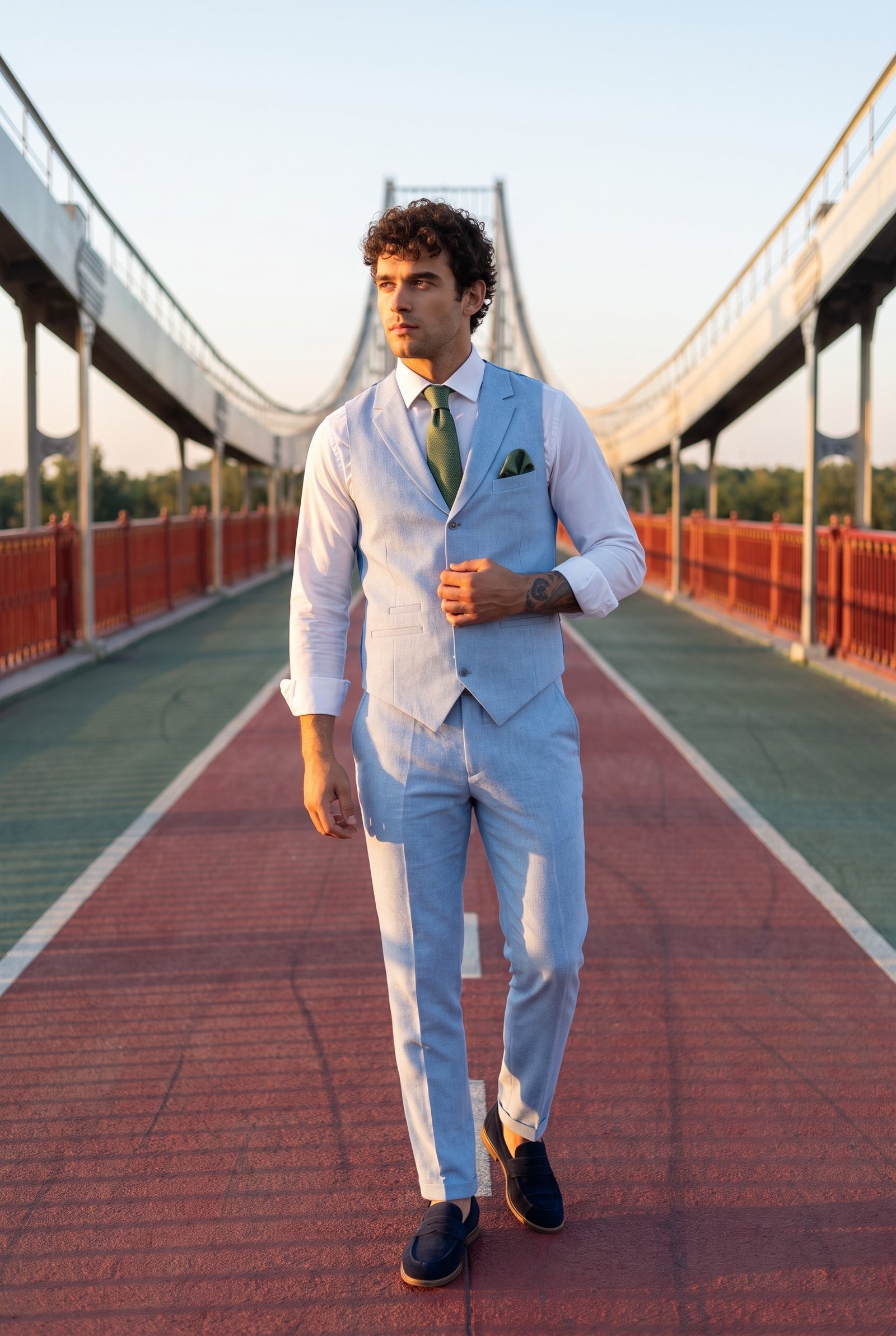 Look #886 styled with TP-13 - Férfi nyári öltöny mellény nadrág lenvászon alkalmi babakék esküvői