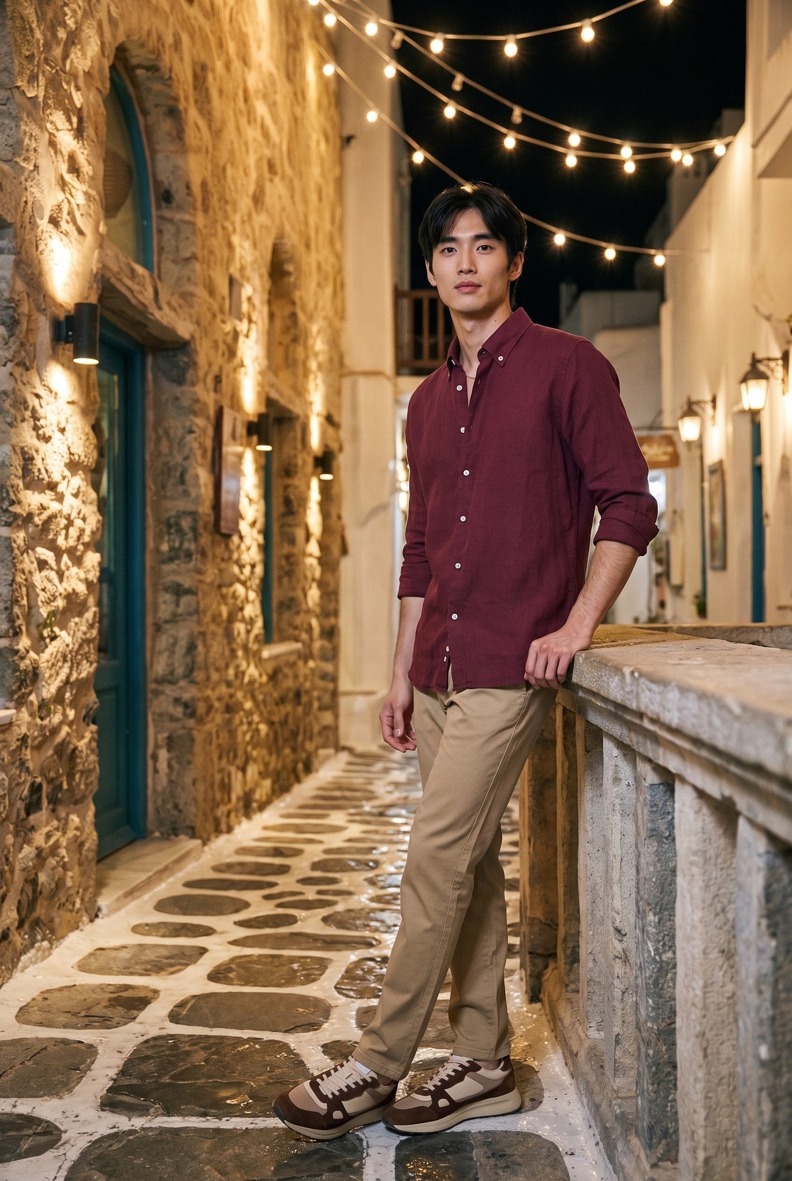 Look #1031 styled with Férfi Khaki Színű Len Keverék Chino Nadrág Tencel Pamut Vékony Nyári Anyagból