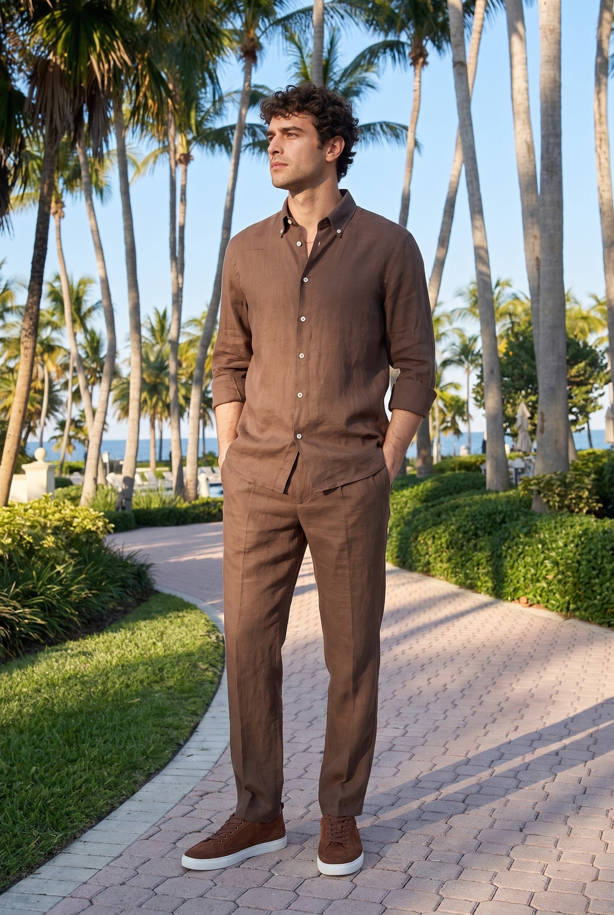 Look #872 styled with Férfi sötétbarna, tiszta lenvászon hosszú ujjú, gombos nyári ing
