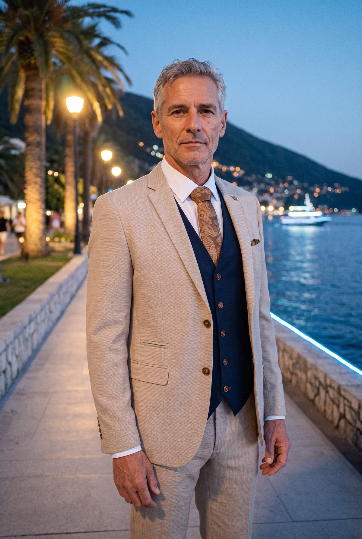 Look #944 styled with Mayfair - Férfi 3 részes krémszínű öltöny sötétkék mellénnyel