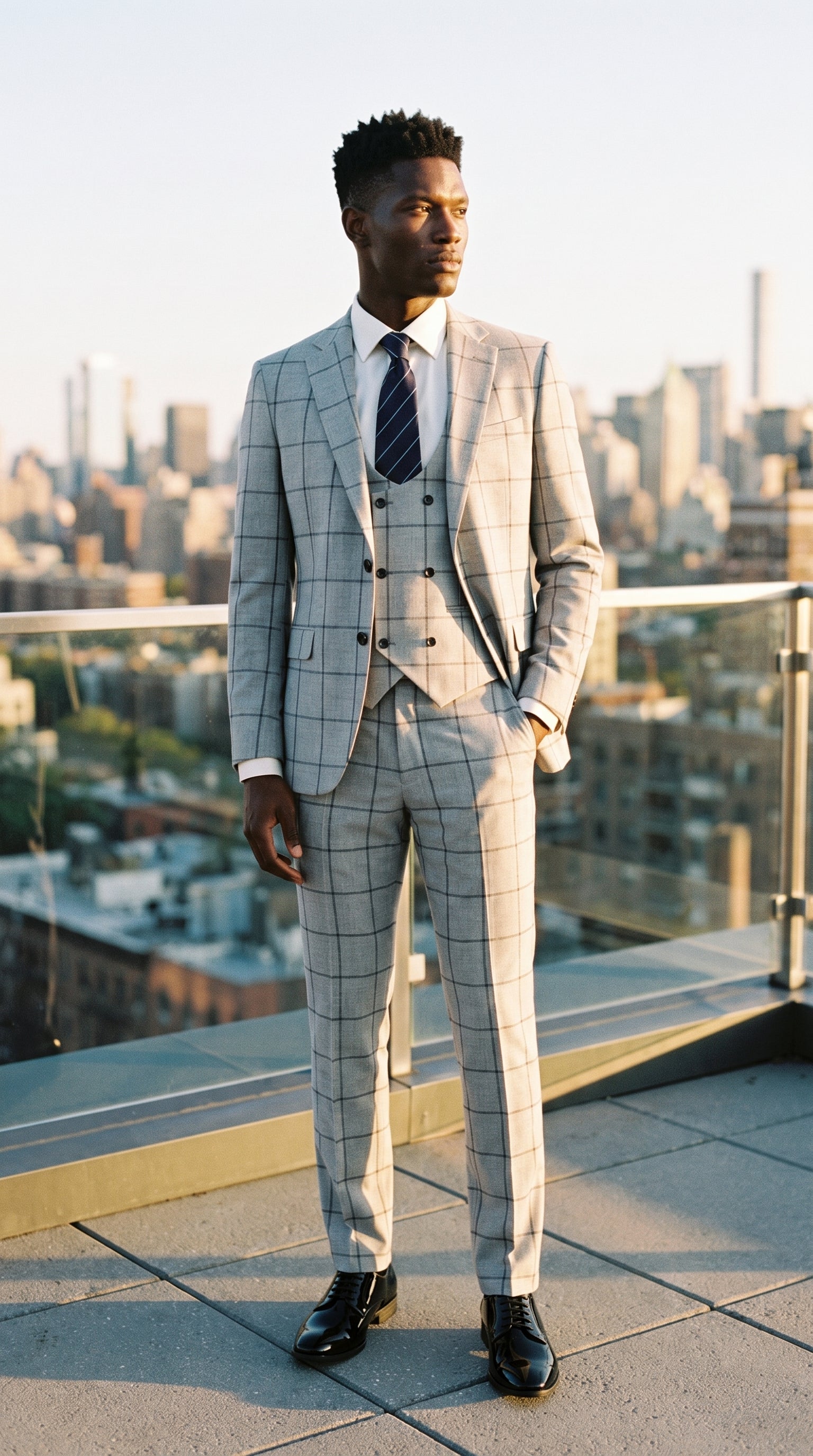 Look #332 styled with Világosszürke kockás háromrészes öltöny