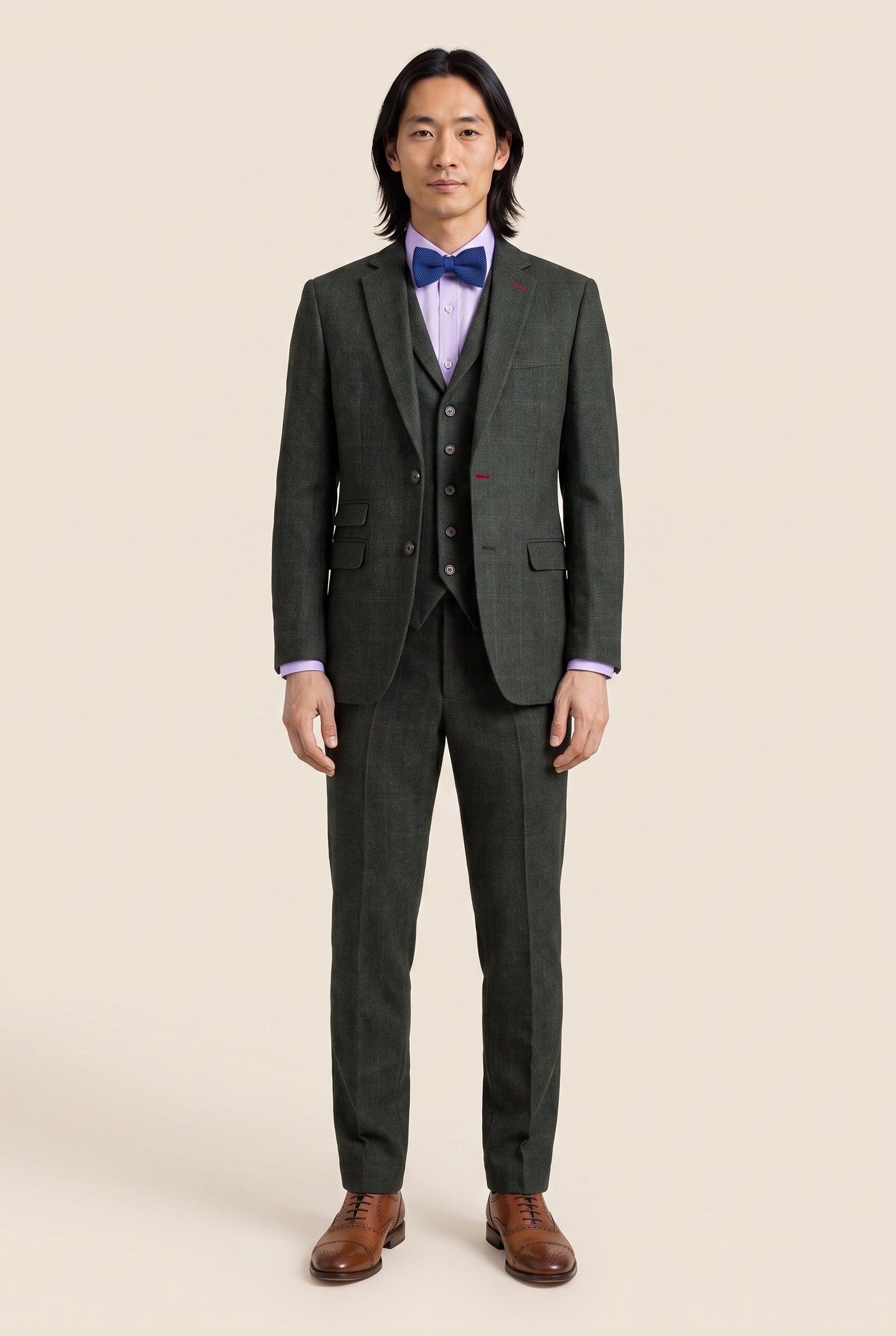 Look #1003 styled with Joshua férfi háromrészes zöld tweed öltöny, karcsúsított szabással