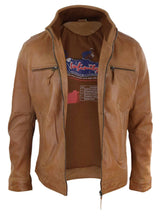 Real Leather Mens High Collar Jacket - Tan