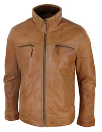 Real Leather Mens High Collar Jacket - Tan