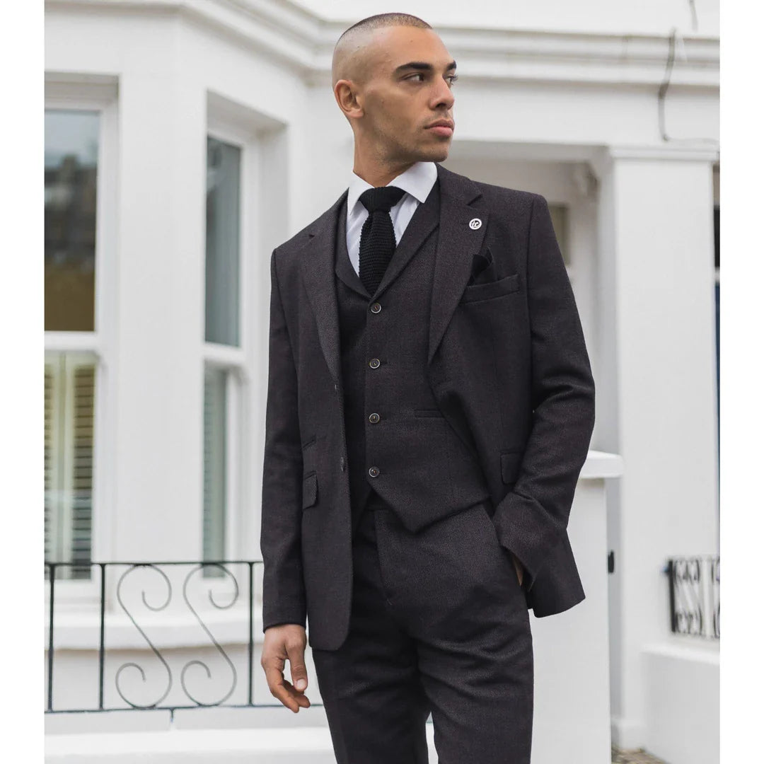 Férfi háromrészes, szilvamintás halszálkás tweed öltöny