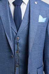 AK-09 Férfi 3 részes, szabott, kék színű, kockás öltöny, walesi herceg mintával