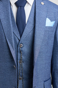 AK-09 Férfi 3 részes, szabott, kék színű, kockás öltöny, walesi herceg mintával