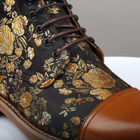 Adan - Men's Floral Print Leather Oxford Ankle Brown Boots