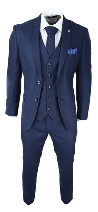 Mens Navy Blue 3 Piece Suit Birdseye Suit Wedding Prom Formal Smart Classic