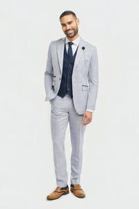 Férfi világoskék kockás pulóver Prince of Wales férfi öltöny sötétkék mellénnyel