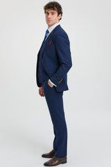 Férfi sötétkék 3 részes öltöny barna szegéllyel, klasszikus madárszem vintage esküvői vőlegények