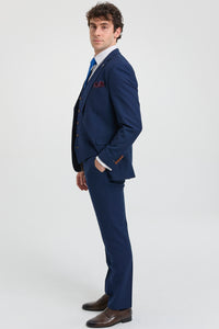 Férfi sötétkék 3 részes öltöny barna szegéllyel, klasszikus madárszem vintage esküvői vőlegények