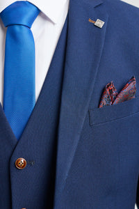 Férfi sötétkék 3 részes öltöny barna szegéllyel, klasszikus madárszem vintage esküvői vőlegények