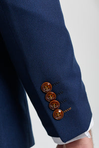 Férfi sötétkék 3 részes öltöny barna szegéllyel, klasszikus madárszem vintage esküvői vőlegények