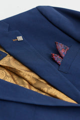 Férfi sötétkék 3 részes öltöny barna szegéllyel, klasszikus madárszem vintage esküvői vőlegények