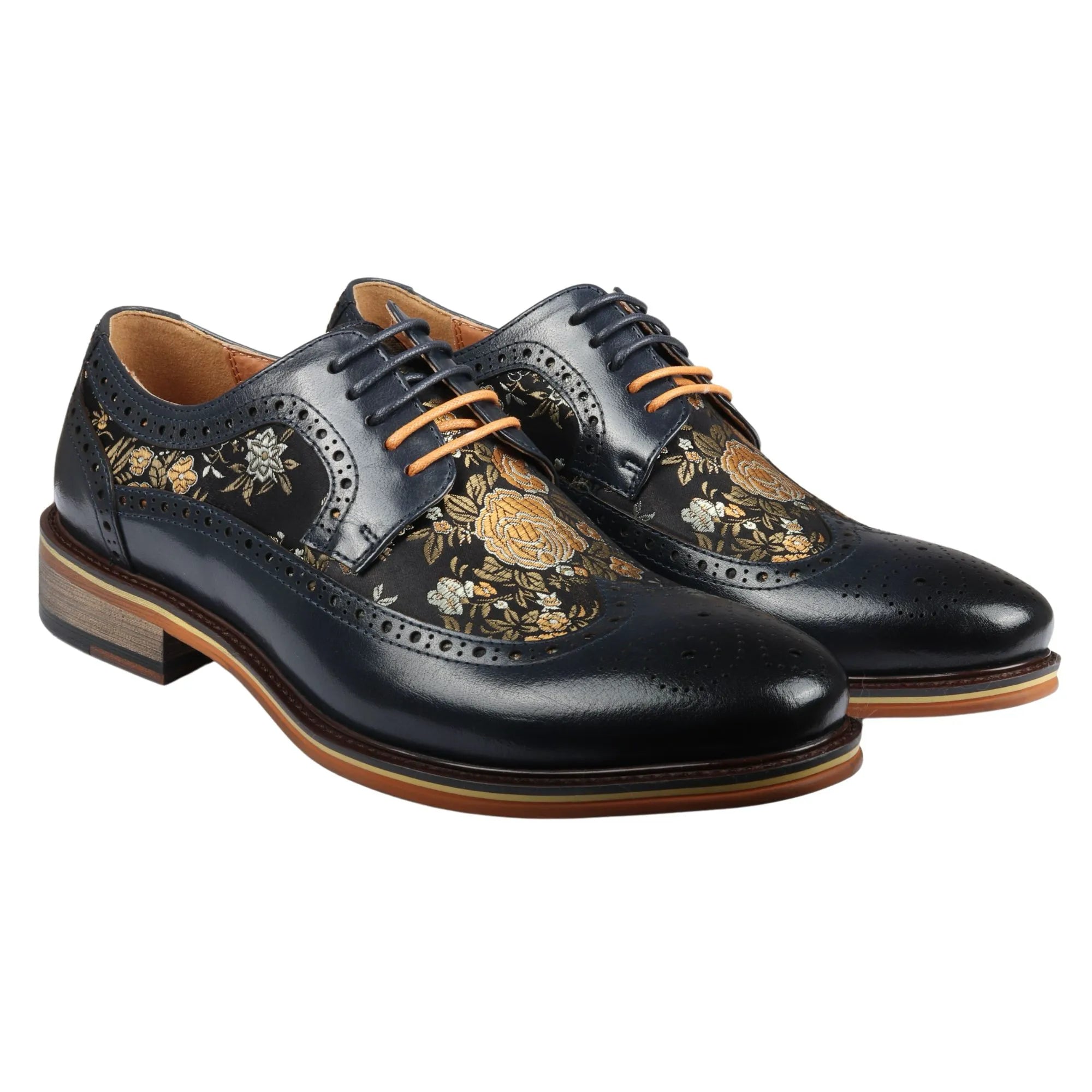 Ross - Men's Floral Print Leather Navy Brogue Shoes