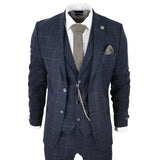 Men's 3 Piece Suit Wool Tweed Navy Blue Brown Check 1920s Gatsby