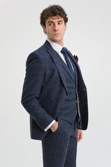 Férfi háromrészes gyapjú tweed öltöny sötétkék, barna, kockás, 1920-as évekbeli Gatsby mintával