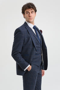 Férfi háromrészes gyapjú tweed öltöny sötétkék, barna, kockás, 1920-as évekbeli Gatsby mintával