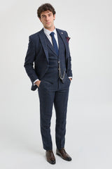 Férfi háromrészes gyapjú tweed öltöny sötétkék, barna, kockás, 1920-as évekbeli Gatsby mintával