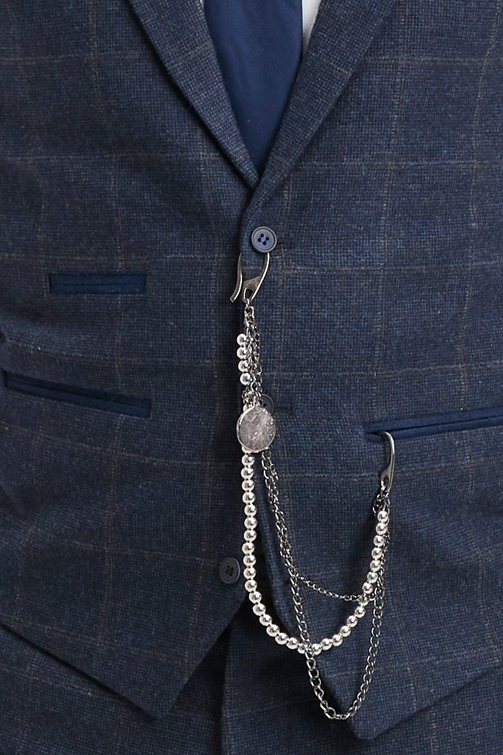 Férfi háromrészes gyapjú tweed öltöny sötétkék, barna, kockás, 1920-as évekbeli Gatsby mintával