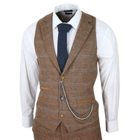 Men's 3 Piece Suit Wool Tweed Herringbone Tan Brown Blue Check 1920s Gatsby