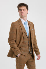 Férfi háromrészes öltöny gyapjú tweed öltöny halszálkás mintával, barna, kék, kockás, 1920-as évekbeli Gatsby