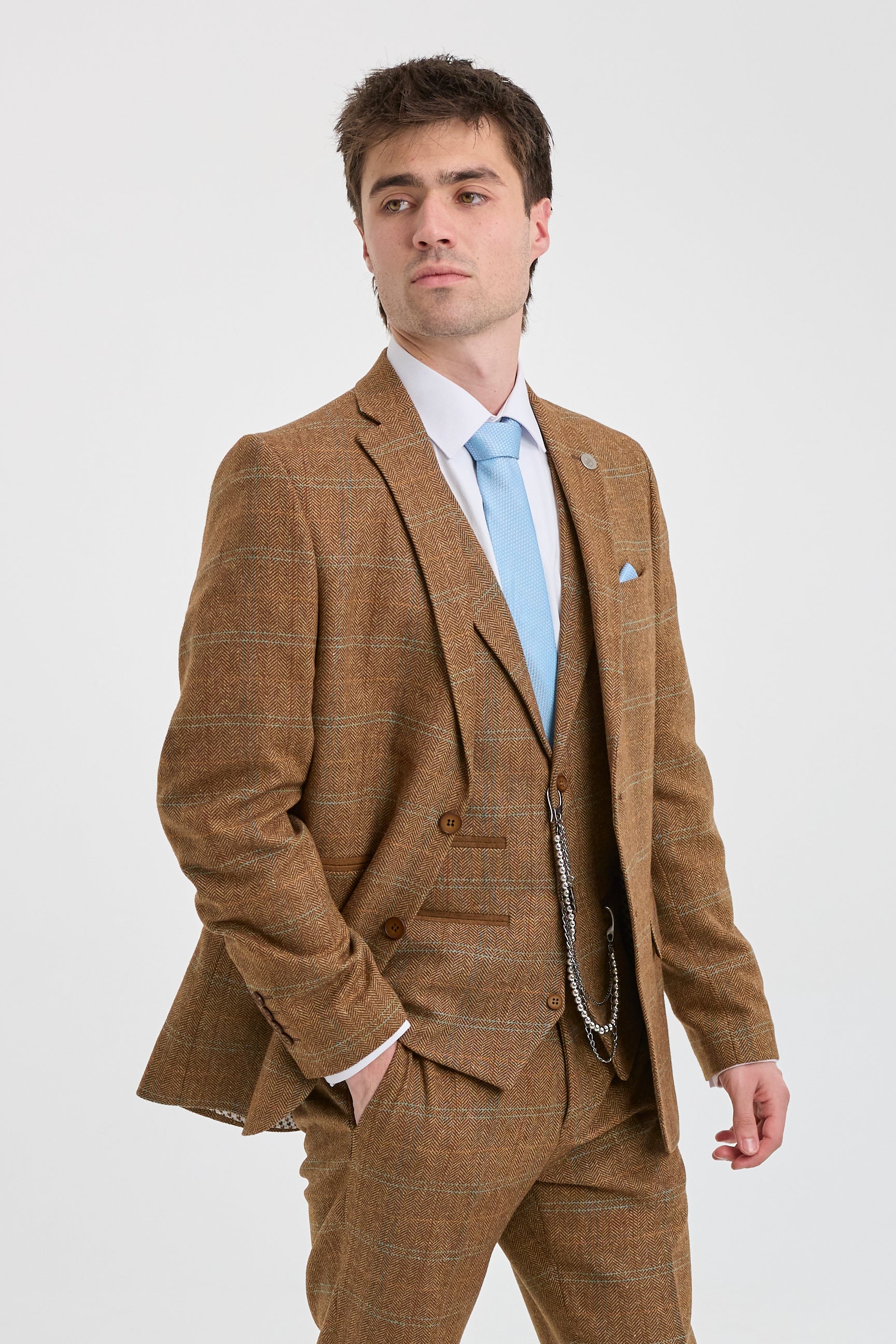 Férfi háromrészes öltöny gyapjú tweed öltöny halszálkás mintával, barna, kék, kockás, 1920-as évekbeli Gatsby