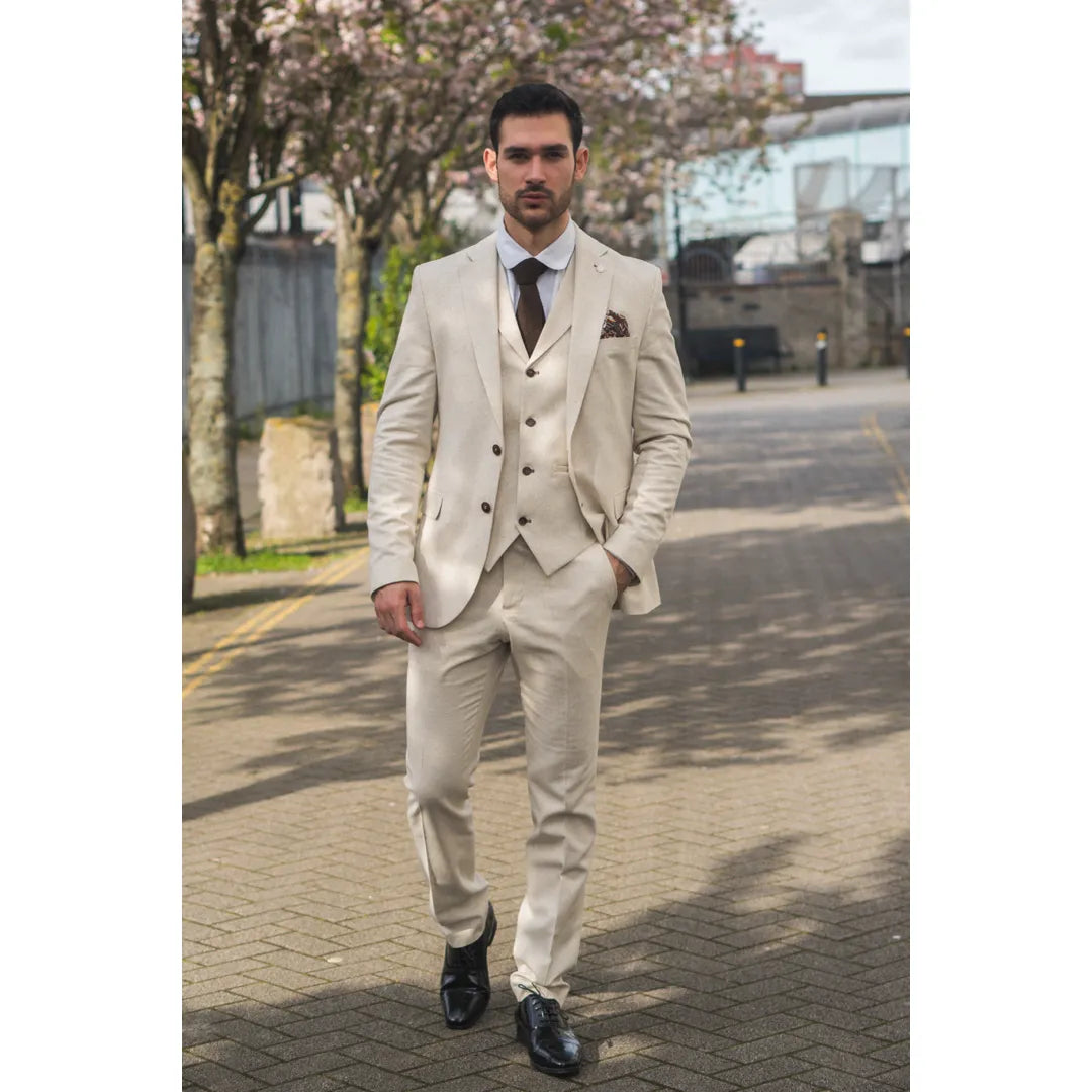 TP-21 Men's Beige 3-Piece Linen Summer Wedding Suit