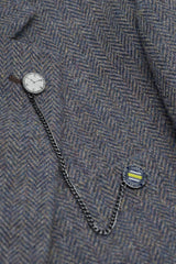 Thomas - Férfi sötétkék, háromrészes gyapjúkeverék tweed öltöny