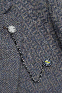 Thomas - Férfi sötétkék, háromrészes gyapjúkeverék tweed öltöny