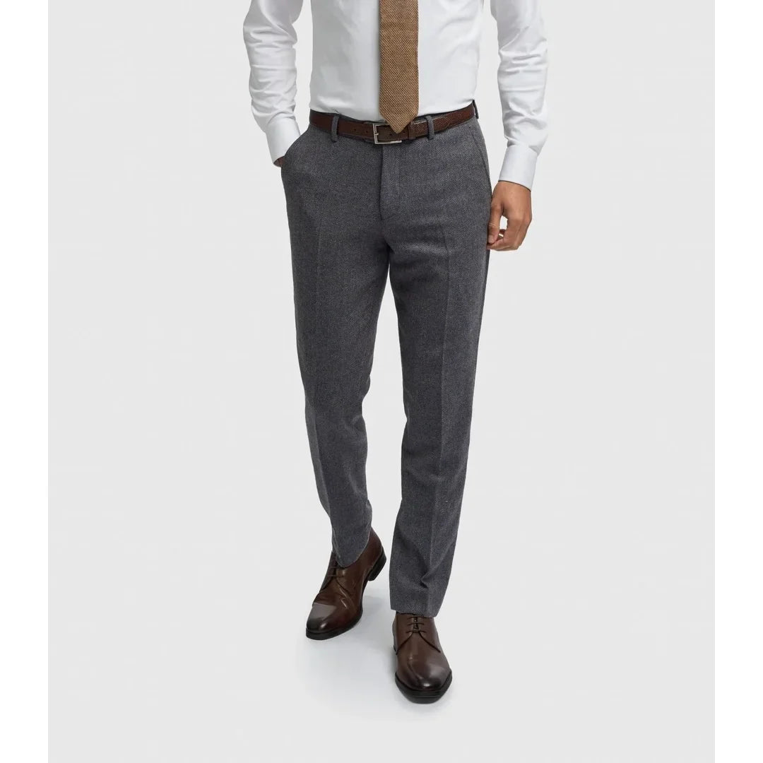 Thomas - Férfi sötétkék gyapjúkeverék halszálkás tweed nadrág