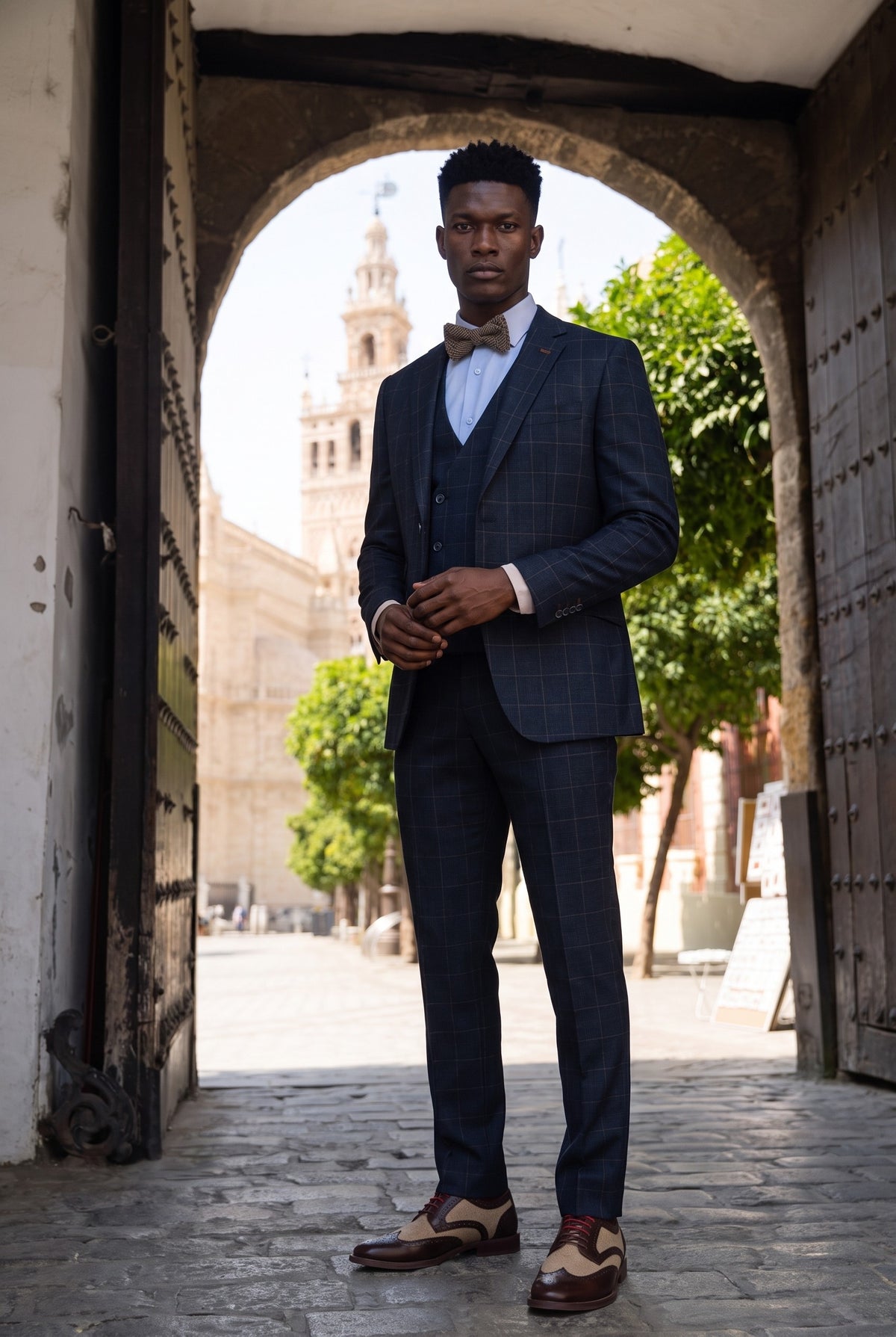 Look #265 styled with Torino - Férfi 3 részes, szabott szabású sötétkék kockás öltöny