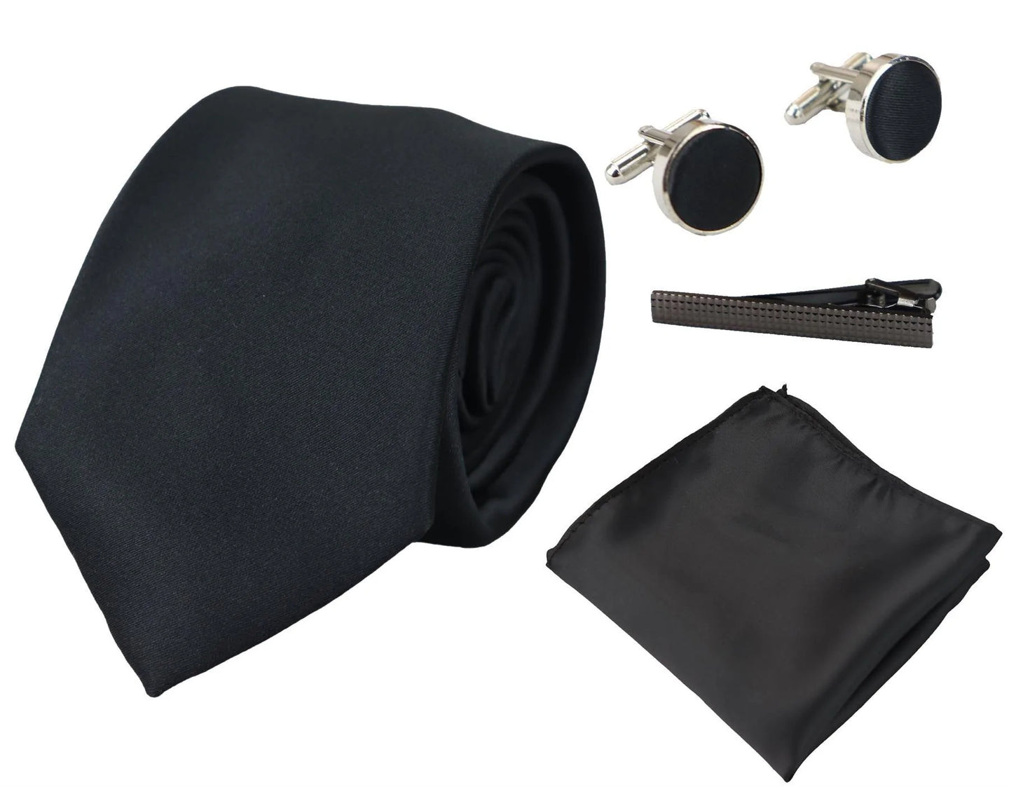 Satin Silk Black Tie Gift Set Pocket Square Cuff Links Tie Shiny Satin