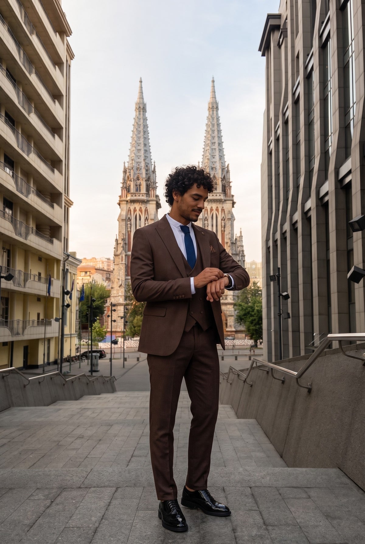 Look #305 styled with IM32 - Férfi sima sötétbarna háromrészes öltöny