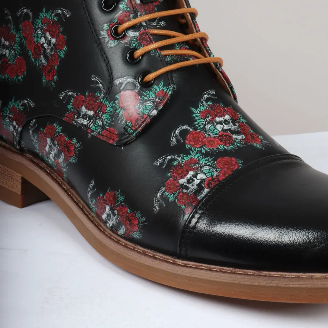 Adam - Men's Black Floral Skull Print Leather Oxford Boots