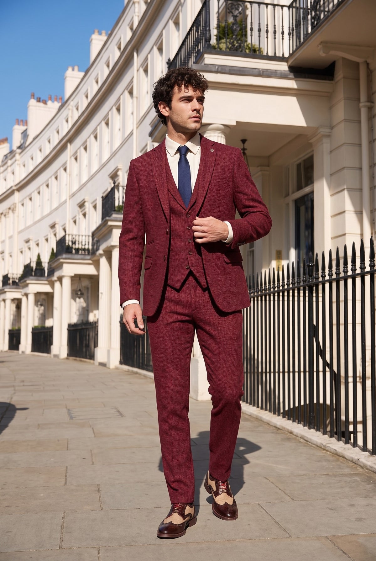 Look #508 styled with Férfi halszálkás bordó, háromrészes tweed öltöny - STZ11